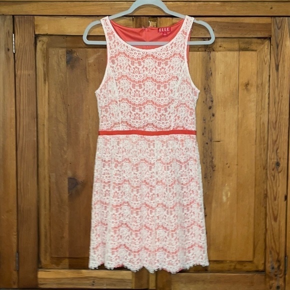 ELLE Coral & White lace sleeveless mini dress Sz. 4 - Picture 1 of 11